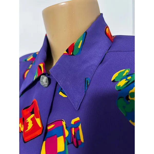 Chaus Vintage 80s Purple Perfume Bottle Print Button Down Blouse Womens Medium 6 - Image 3