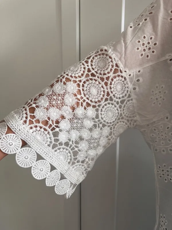 White Crocheted Blouse with Bell Sleeves Size none - Image 4