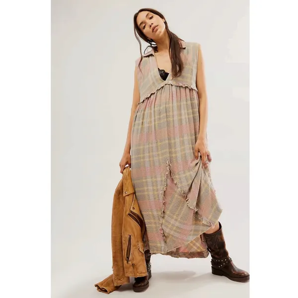 Free People Oversized Bohemian Grunge 90s Plaid Kirby Maxi Dress Size Large - Image 7