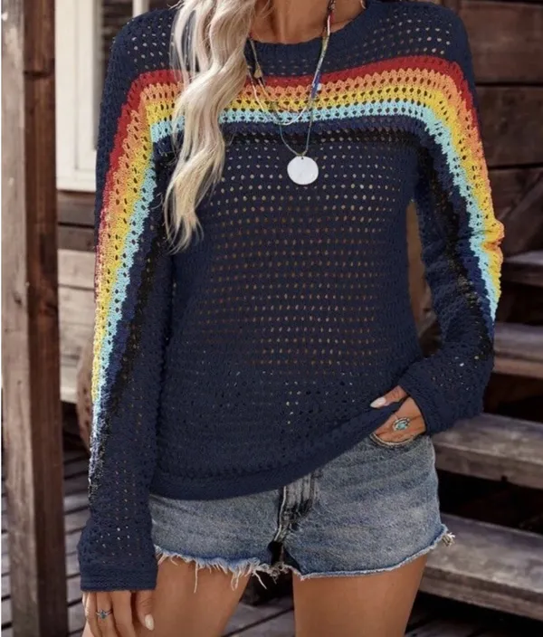 Maeve by Anthropologie Rainbow Stripe Crochet Sweater Sz S Boho Festival NWT - Image 2