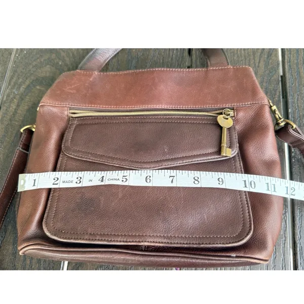 Vintage Y2K Fossil 1954 Brown Leather Crossbody Satchel Key Charm Purse Granny - Image 13