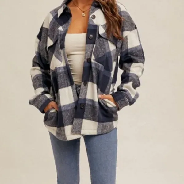 Miss Posh Navy Blue White Plaid Sherpa Lined Shacket Jacket XS - Image 8