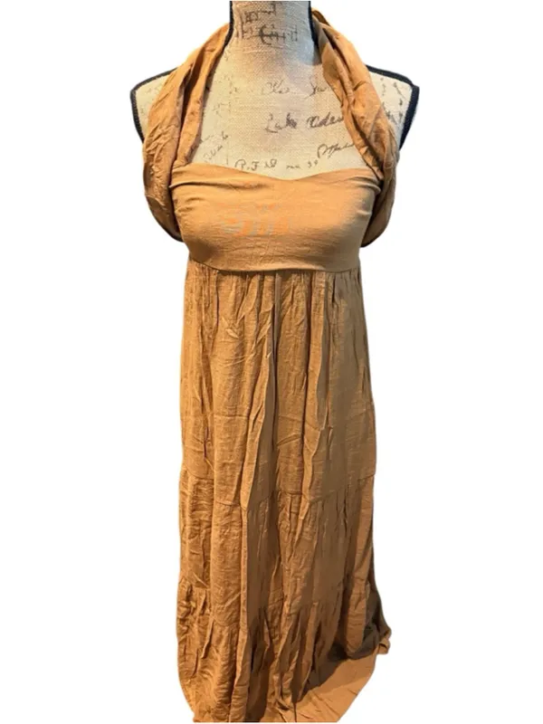 Wishlist Apparel Falling In Love Tie-Front Tiered Camel Maxi Dress Size S - Image 3
