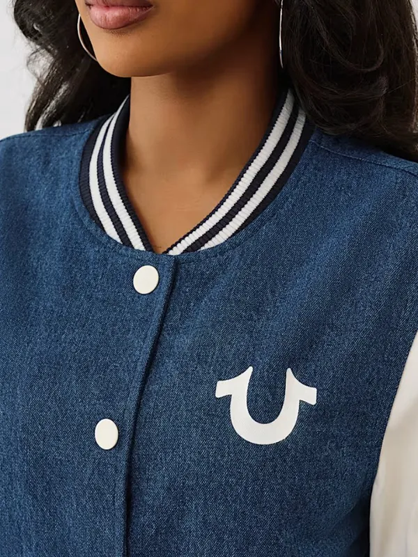 NWT True Religion $239 crystal wing denim varsity jacket Large Blue White Small - Image 5