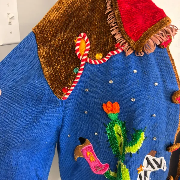 Vintage Western Cactus Cowboy Boot Embroidered Cardigan Blue Chenille Fringe L - Image 3