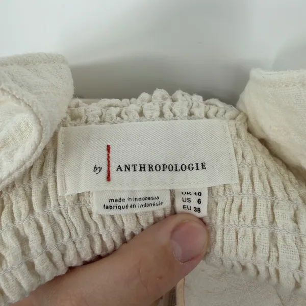 Anthropologie Cream Linen Blend Wide Leg Jumpsuit Belted‎ Button Front 6 Coastal - Image 5