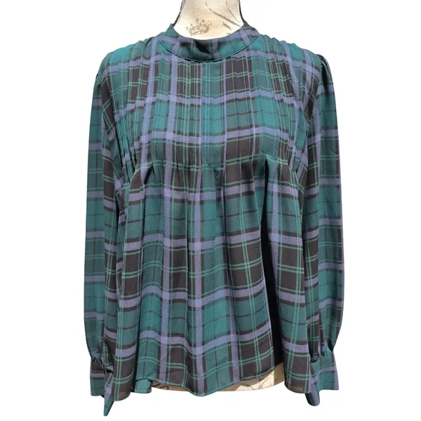 Ann Taylor Green Plaid Mock Neck Pintuck Blouse Long Sleeve Large - Image 2