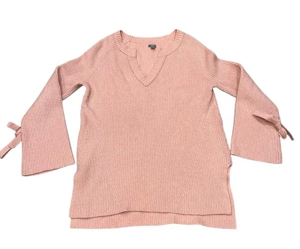 Blush Pink Ribbed V Neck Bow Tie Bell Sleeve Oversized Sweater size Small - Image 4