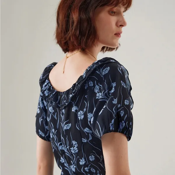 RIHOAS Navy Floral U-Neck Puffed-Sleeve Maxi Dress - Image 5