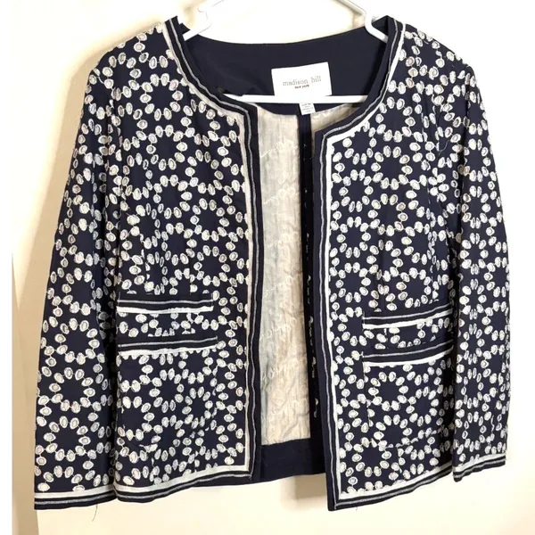 Madison Hill NY Embroidered Cotton Open Front Blazer Jacket Shacket Navy Size 6 - Image 6