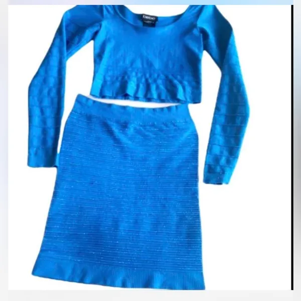 90’s vintage 2 piece Bebe’s blue bandage skirt crop top (photo-2016) - Image 3