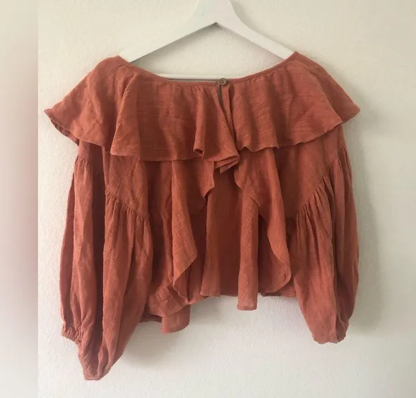 NWT Free People Zuri Ruffle Cropped Blouse Ginger Spice Small MSRP$68 - Image 2