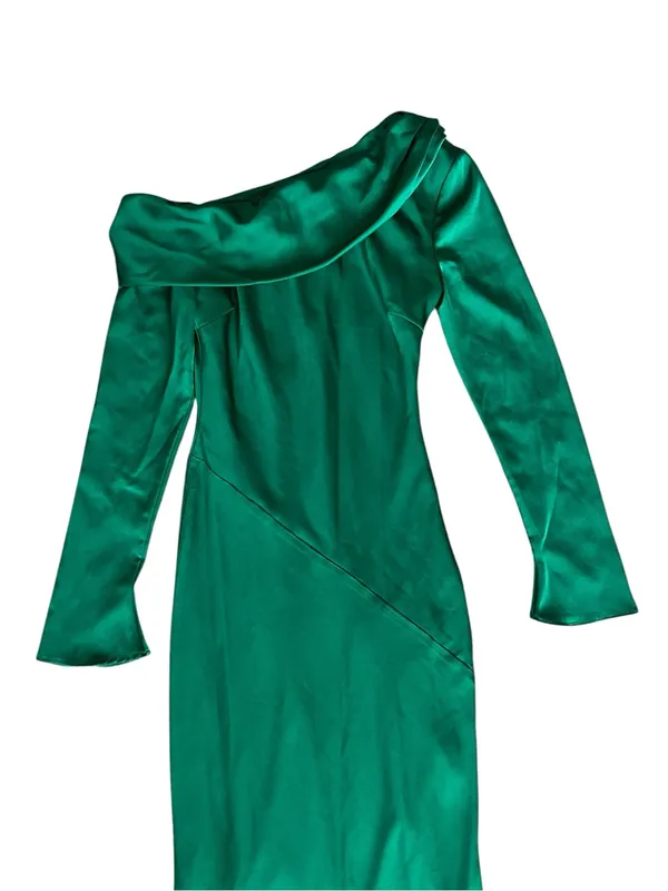 Nia Women’s Claire One Off Shoulder Emerald Green Long Sleeve Satin Midi Dress - Image 3