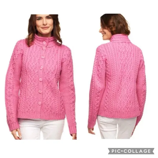 Aran Crafts Blue Merino Wool‎ Button Front Cardigan Sweater Size LARGE - Image 11