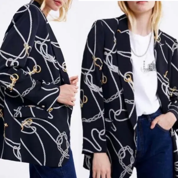 Zara Nautical Rope Print Blazer Jacket Navy Blue Size Medium - Image 3