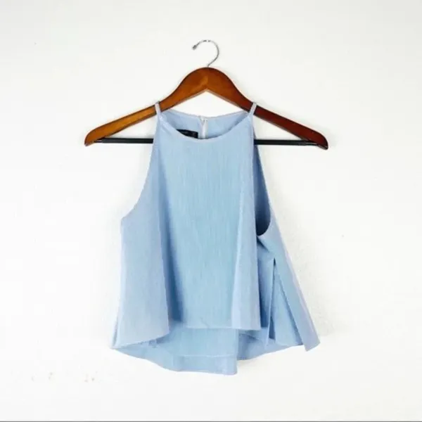 ZARA‎ BASIC Blue Striped Flowy Crop Top Halter Neck Small - Image 3