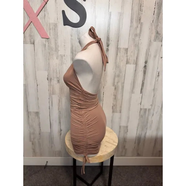 Tan Beige Deep V-Neck Ruched Drawstring Halter Backless Mini Dress XS - Image 3
