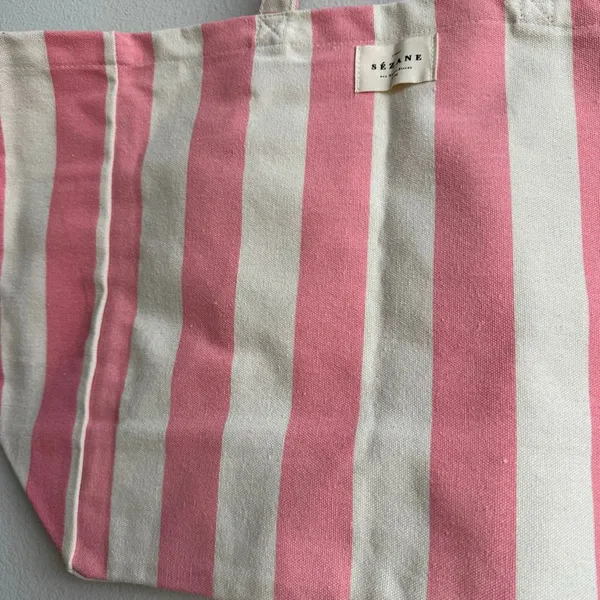 Sezane Paris Rue Large Pink White Stripe Shopper Tote Book Bag Fits All Cotton - Image 3