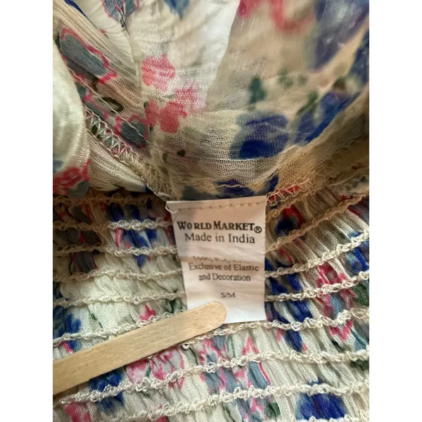World Market Floral Embroidered Peasant Blouse Cream Blue‎ Pink S/M Smocked Top - Image 8