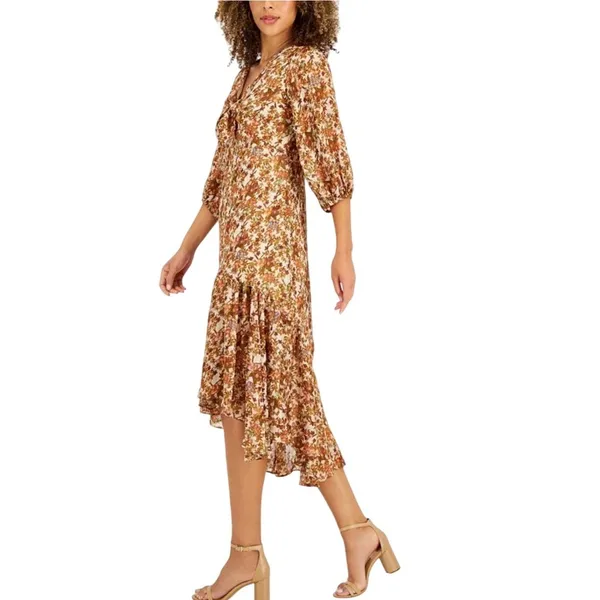 Taylor Floral High-Low Midi Dress‎ 8 Brown Gold Metallic Boho Puff Sleeve - Image 13