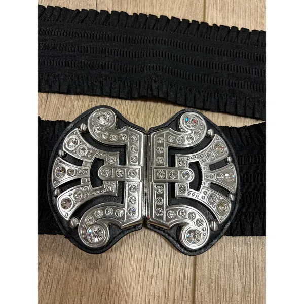 Chicos Black Elastic Stretch Belt Ornate Rhinestone Silver Tone Buckle Wide S/M - Image 2