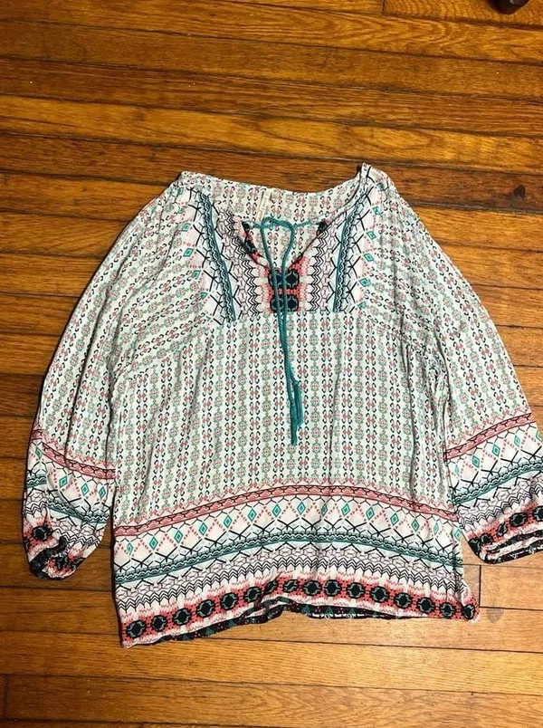 Grand & Greene Tribal Print Boho Blouse with Tassels, Large - Image 2