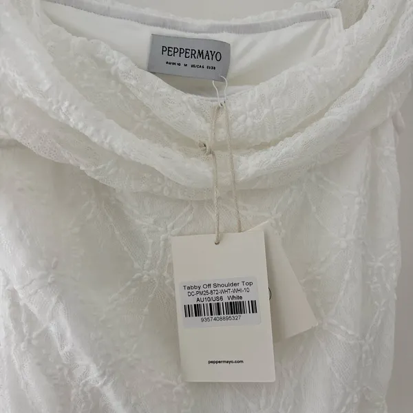 Peppermayo white lace off the shoulder crop top with textured floral embroidery - Image 4