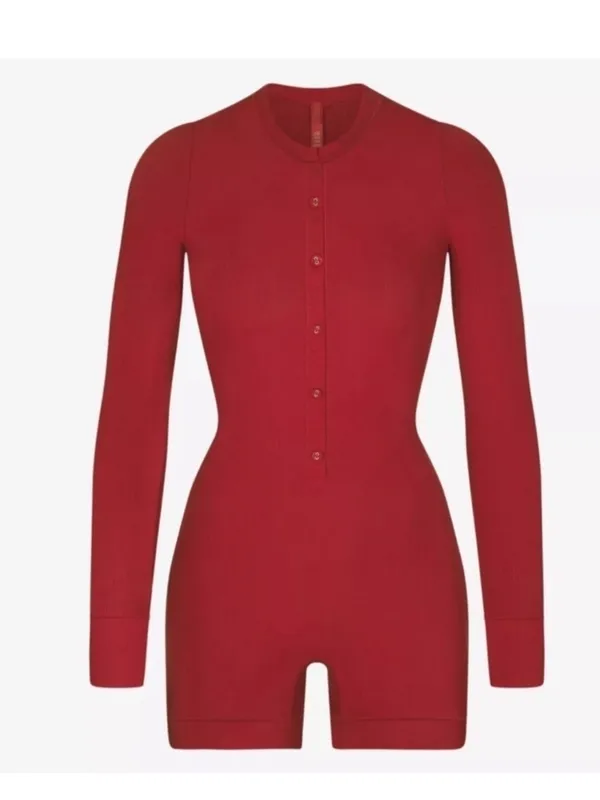 Skims Soft Lounge Button Up Ribbed Henley Onesie Brick Si̇Ze Large Nwt - Image 4