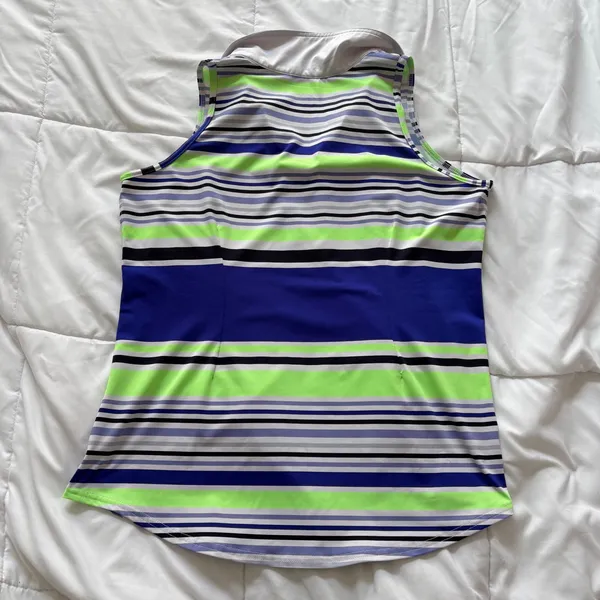 Jofit Womens Large Sleeveless Tennis Golf Polo Shirt Striped Green White Active - Image 8
