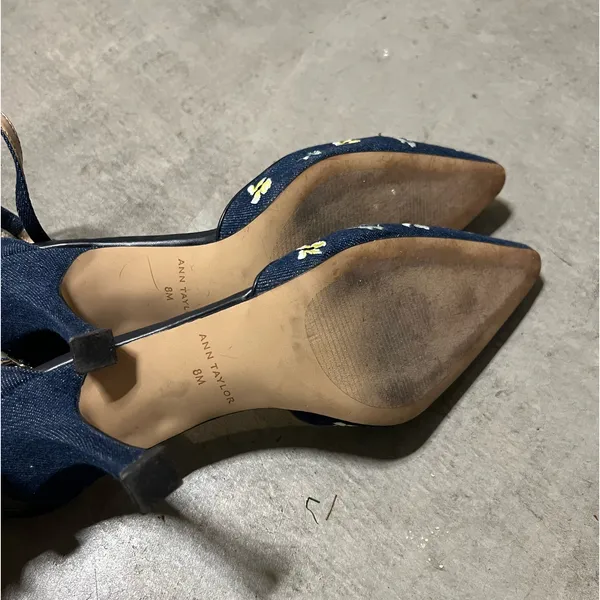 Ann Taylor Navy Blue Floral Embroidered Design Flowers Pointed Kitten Heels Sandals - Image 7