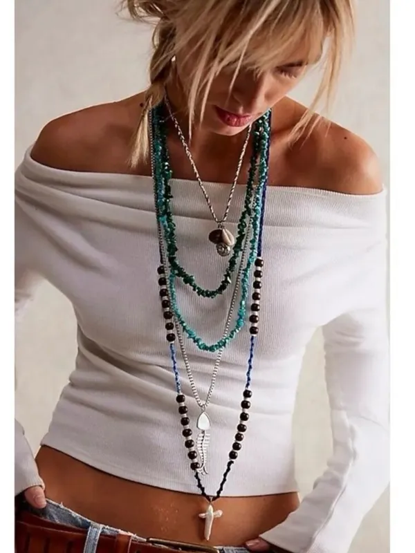 Free People Ariana Ost Easy Does It Pearl Cross Strand Necklace Bohemian Beach - Image 2