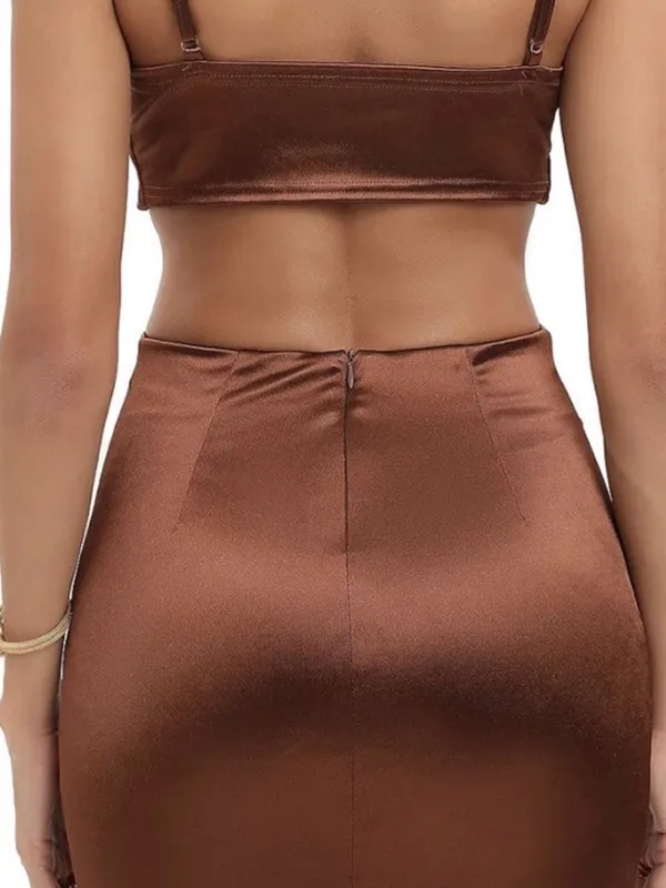 Just Quella Brown Satin Cutout Bodycon Dress - Image 6
