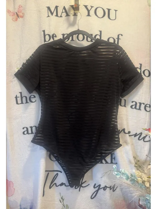 Women's Striped Bodysuit Blouse Size L Black Size L - Image 3