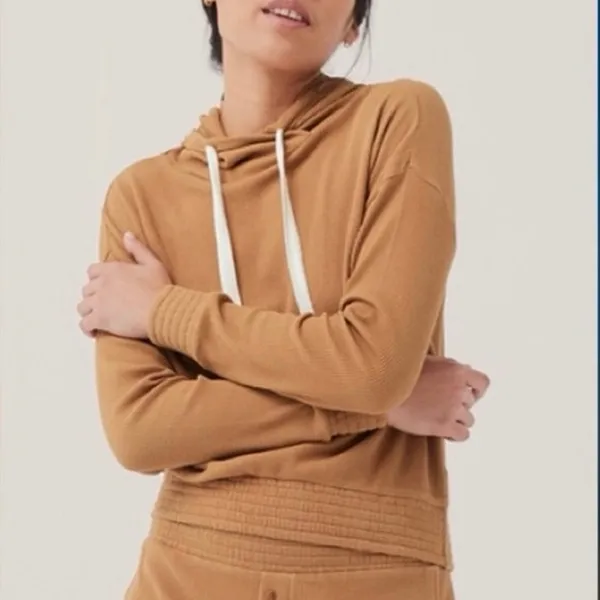 PACT Women's L Organic Cotton Pullover Lite Waffle Hoodie Knit Sweater Camel - Image 11