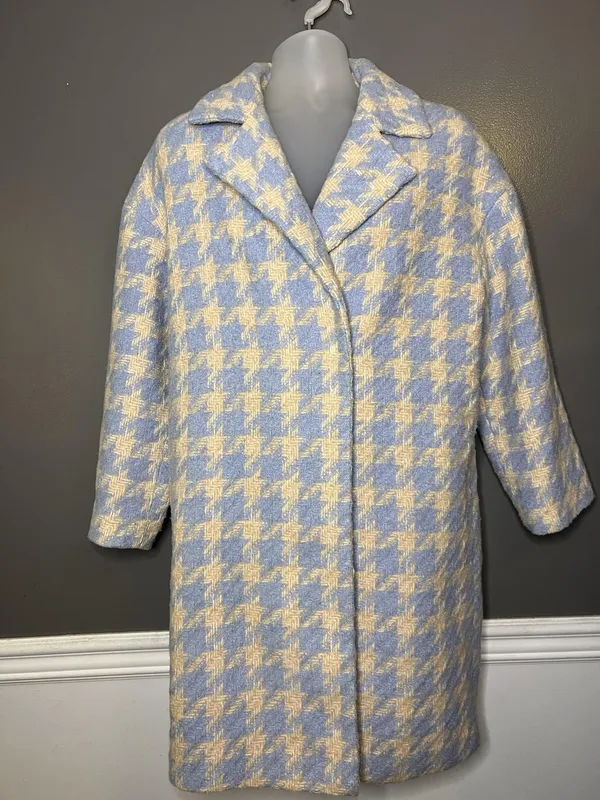 Baloot Coat Womens Small Blue Houndstooth Tweed 3/4 Sleeve Button Front Lined - Image 2