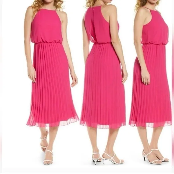 Sam Edelman‎ Pleated Skirt Fit Flare Sleeveless Midi Dress Sundress Pink Small - Image 15
