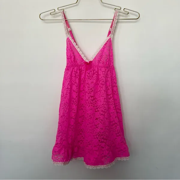 Victoria's Secret Lace Babydoll Size Small Hot Pink Lace Nightie Slip Cami - Image 3