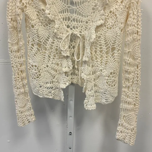 Y2K Coolwear USA Crochet Cardigan Cream Ramie Cotton Tie Front Boho Medium Boho - Image 4