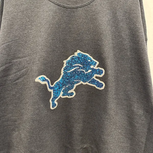 Detroit lions gray Sweater with Blue sequin glitter Lions Logo 2XL - Image 2