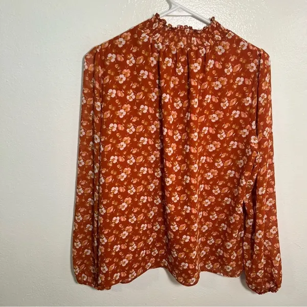 J. Crew Factory Women's Smocked Shirt Orange Floral‎ Long Sleeve Mock Neck AS356 - Image 7
