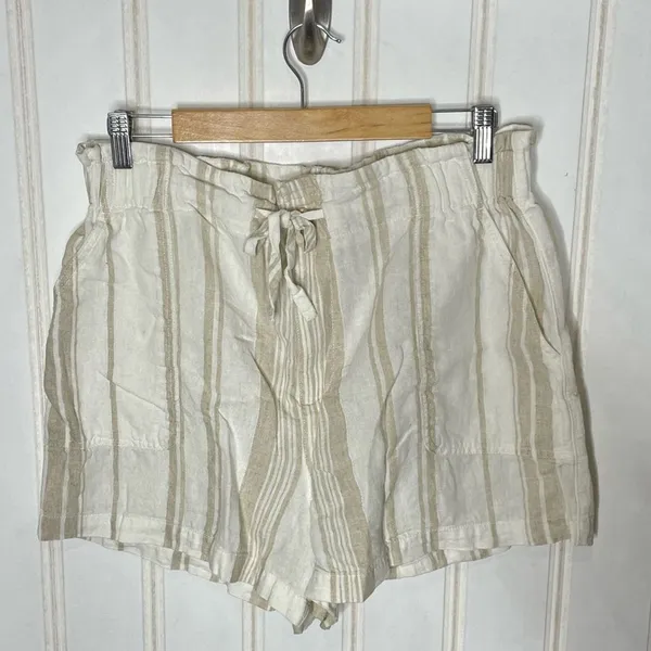 Madewell Linen Blend Striped Paperbag Waist Shorts White Beige Size L 696 - Image 3