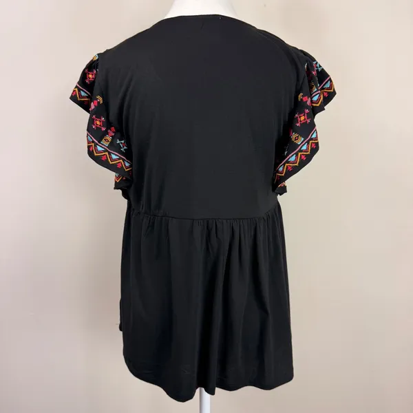 Savanna Jane‎ Black Embroidered Flutter Sleeve V Neck Boho Top Size S - Image 2