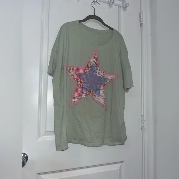 Layered Fabric Star Patchwork MintGreen Oversized T Shirt Y2K Indie Americana XL - Image 13