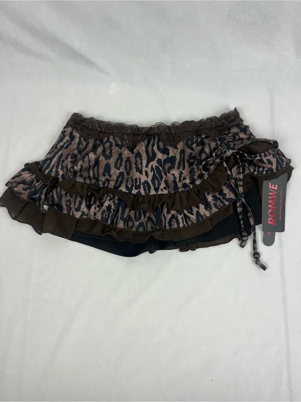 Romwe Brown Animal Print Ruffle Ruched Side Tie Mini Skirt w/ Undershorts Women Size S - Image 3