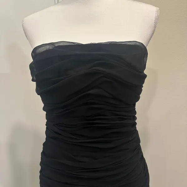 Victor Costa Vintage 1980s Black Ruched Strapless Lace Hem Gothic Cocktail‎ Sz 6 - Image 5