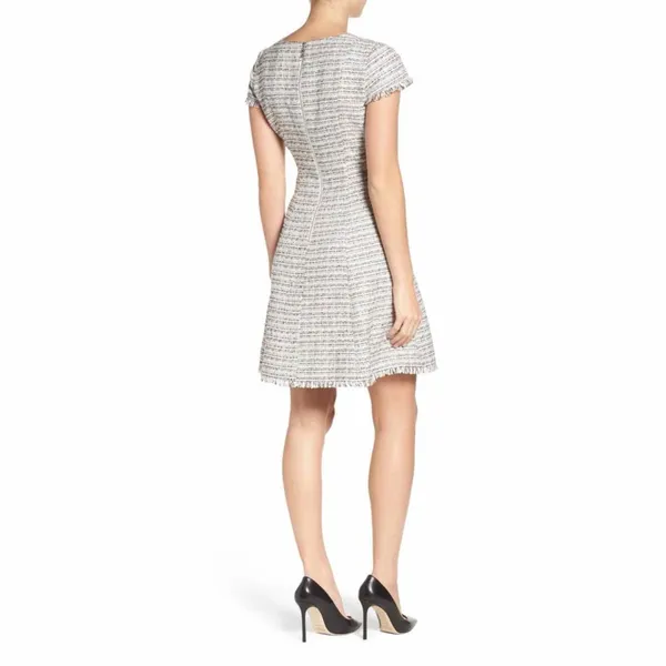 Eliza J Spring Tweed Fringe Hem Fit‎ Flare Dress White Pink Black Size 12 - Image 5