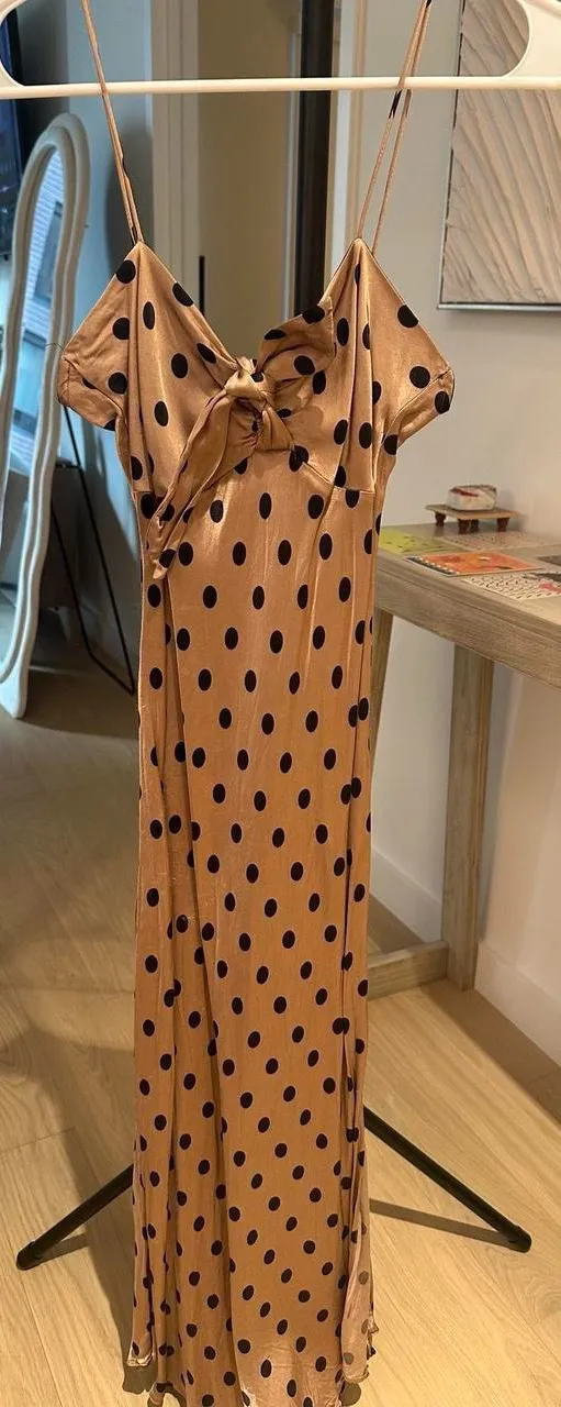 Champagne and black polka dot satin midi dress with tie front detail - Image 3