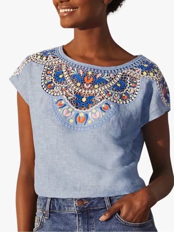Boden Fleur Linen Embroidered Top in Chambray 12 - Image 12