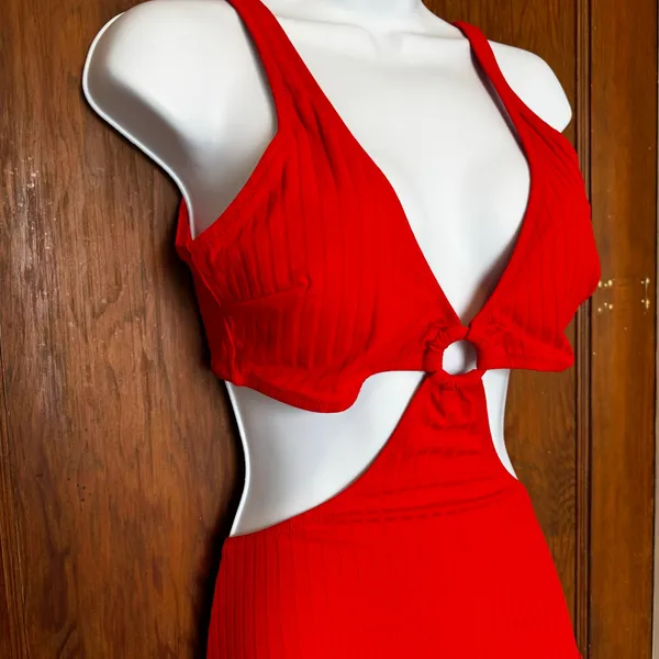 NWT Aerie Wide Rib Cut Out Ring One Piece Swimsuit‎ Red L Monokini - Image 2