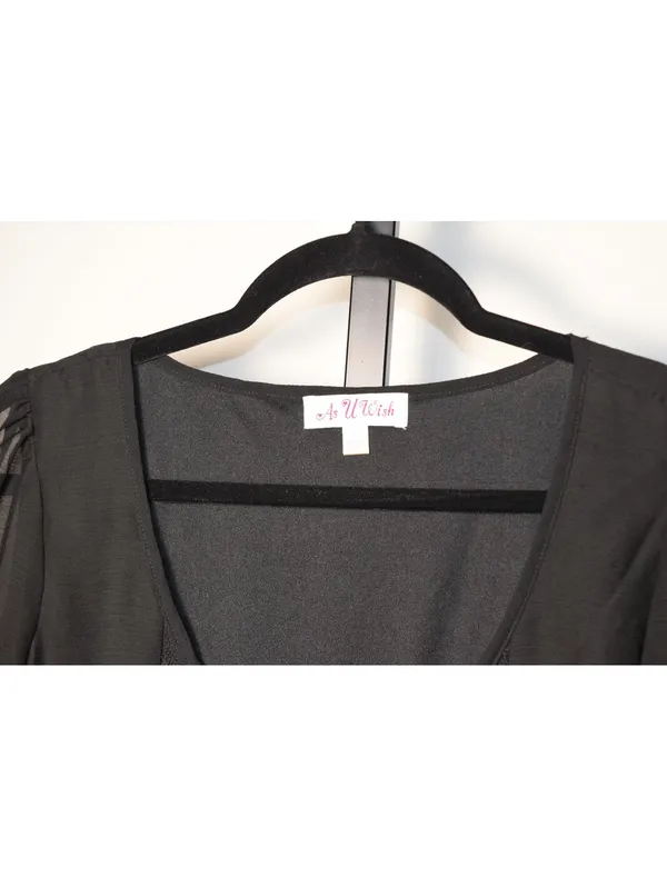 As You Wish Size L Black Sheer Chiffon Lace Tie Front Babydoll Dress Romantic Goth - Image 3